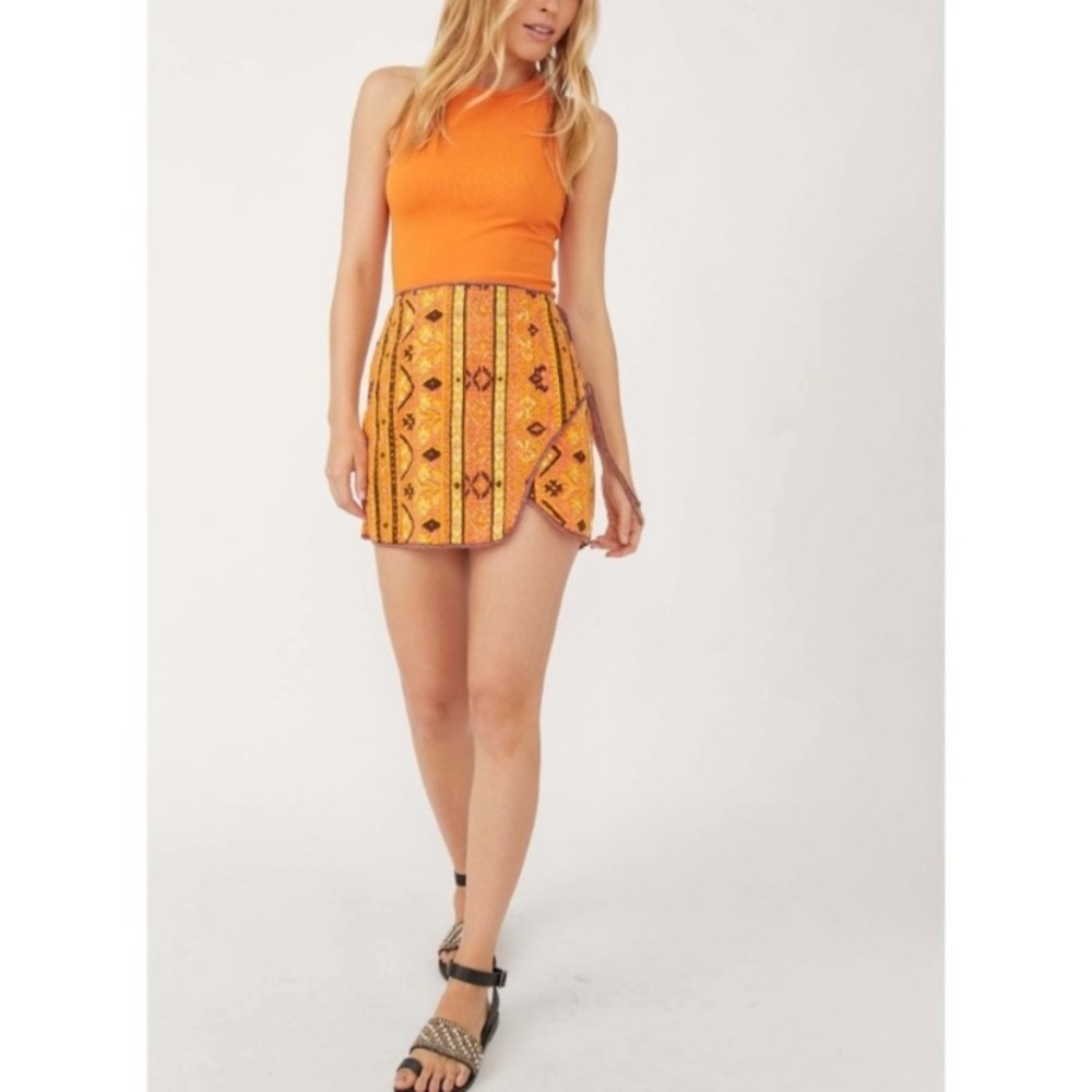 $88 NWOT Free People Cleo Geometric-print Wrap Skirt - Rust Combo